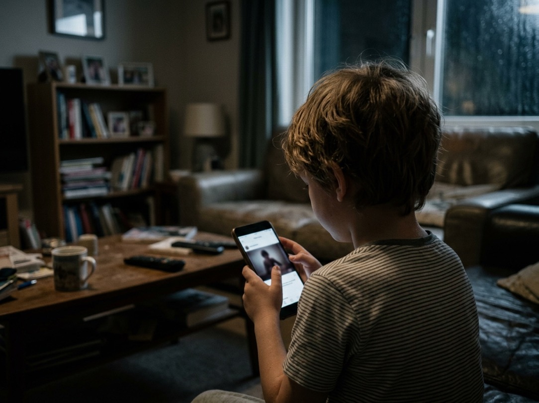 Niño de espaldas mirando un celular con contenido adulto desenfocado