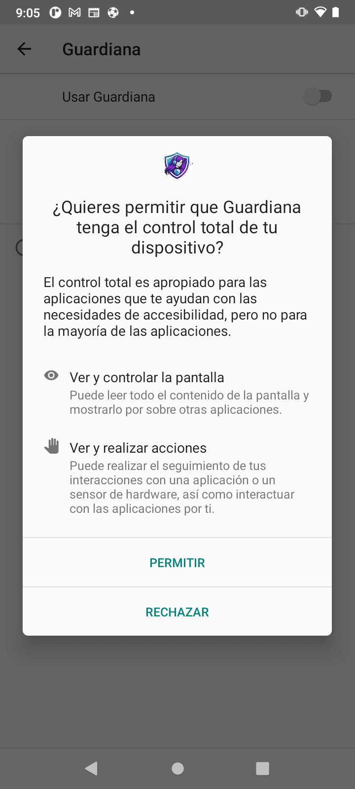 Aviso del sistema Android para permitir el servicio de accesibilidad de Guardiana.