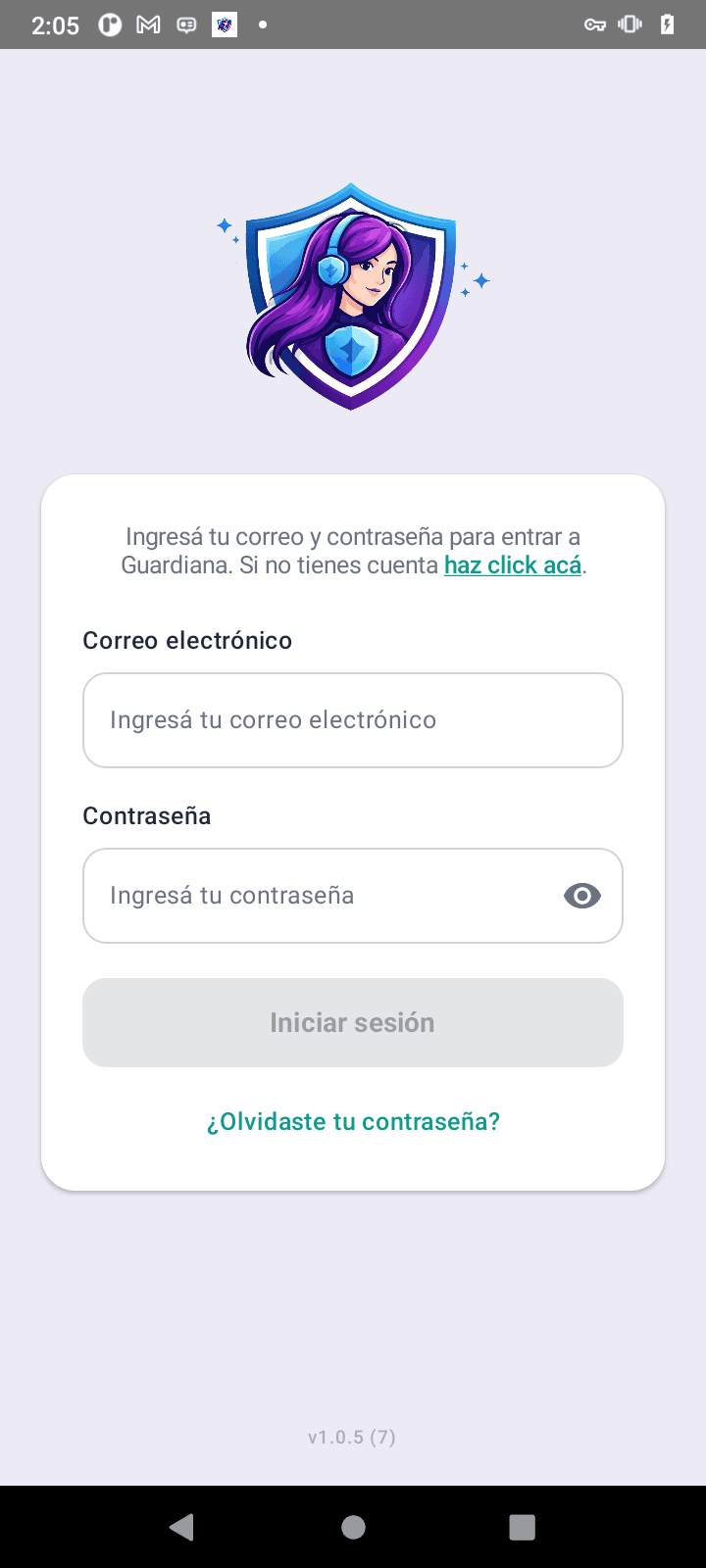 Pantalla de inicio de sesión de la app de Guardiana para Android.