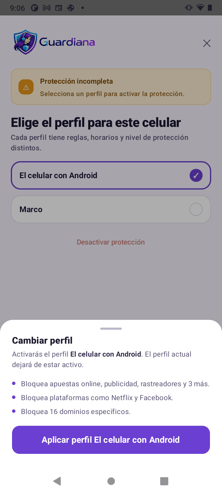 Pantalla para elegir el perfil de protección del celular, con el detalle de lo que bloquea.