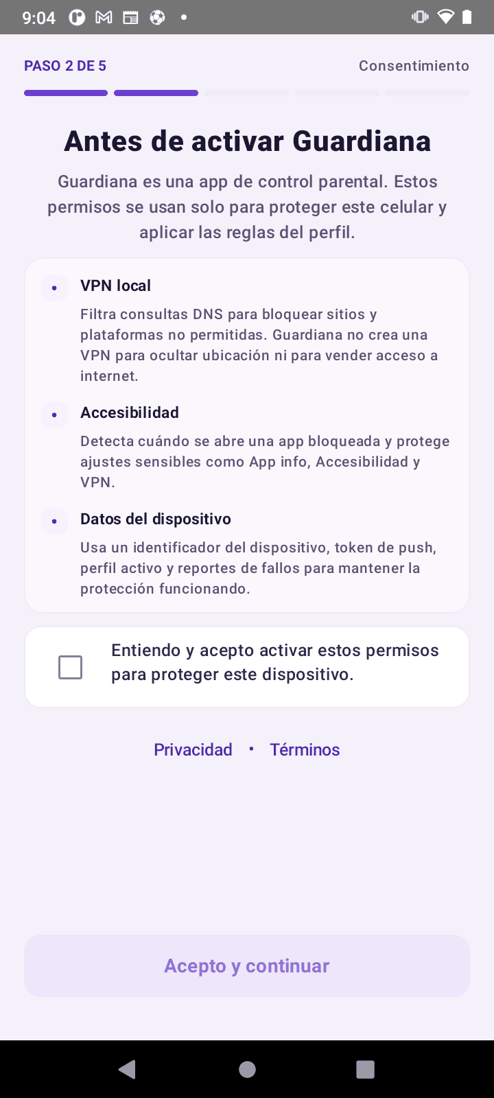 Pantalla de consentimiento que explica los permisos de VPN local, accesibilidad y datos del dispositivo.