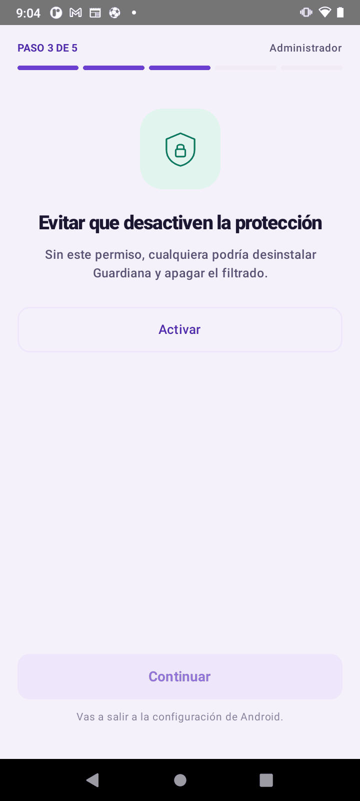 Pantalla del paso para activar el permiso de administrador del dispositivo.