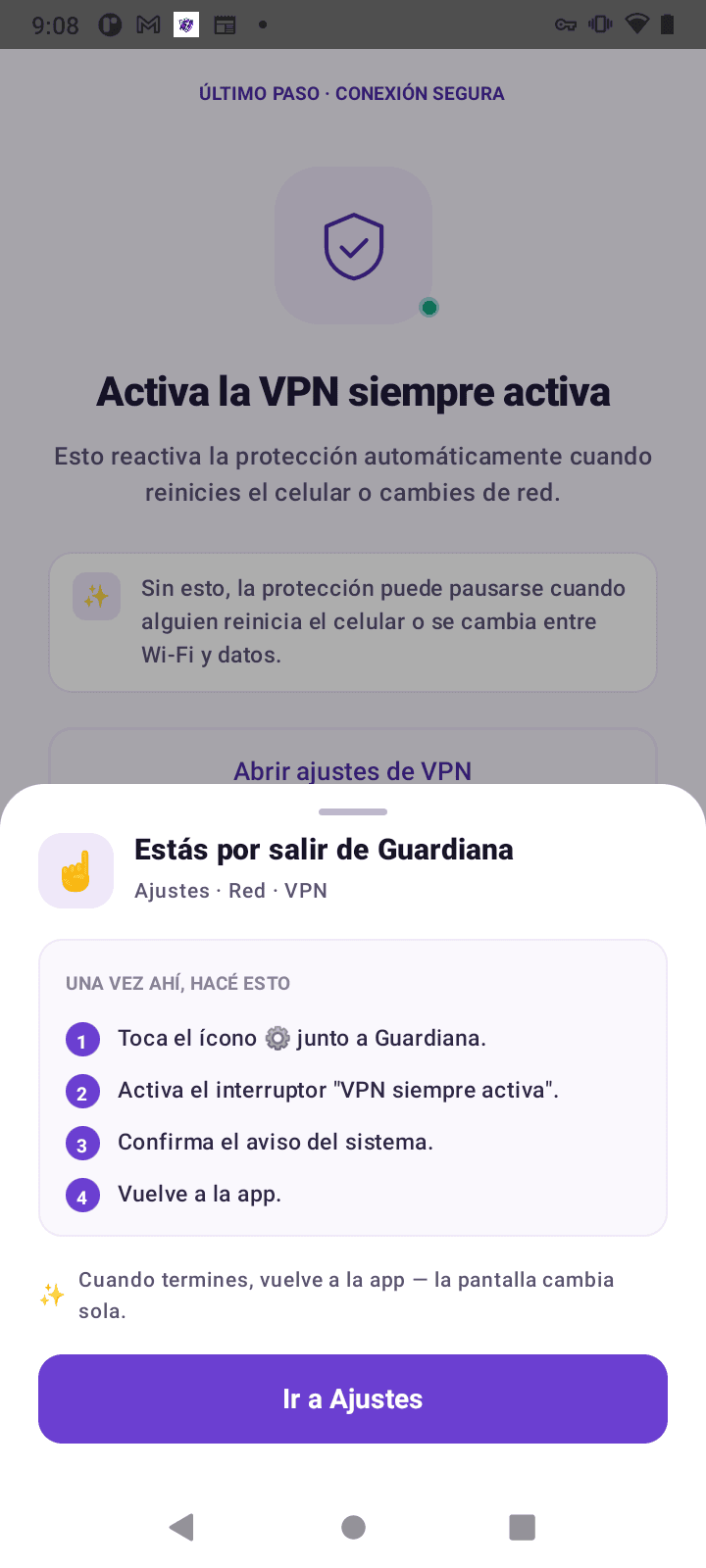 Pantalla del último paso para activar la VPN local siempre activa.