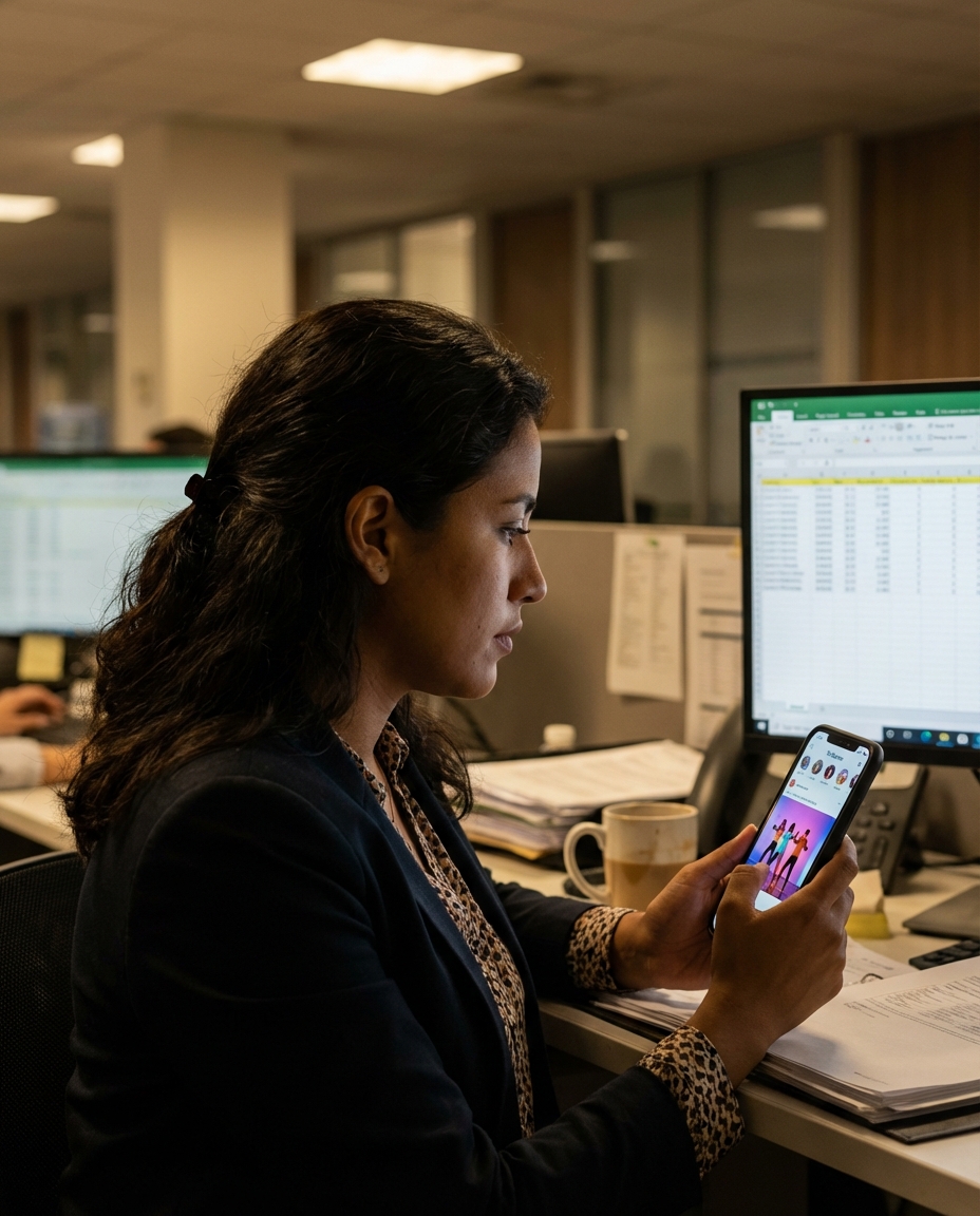 Empleado mirando redes sociales en el teléfono móvil durante el horario laboral
