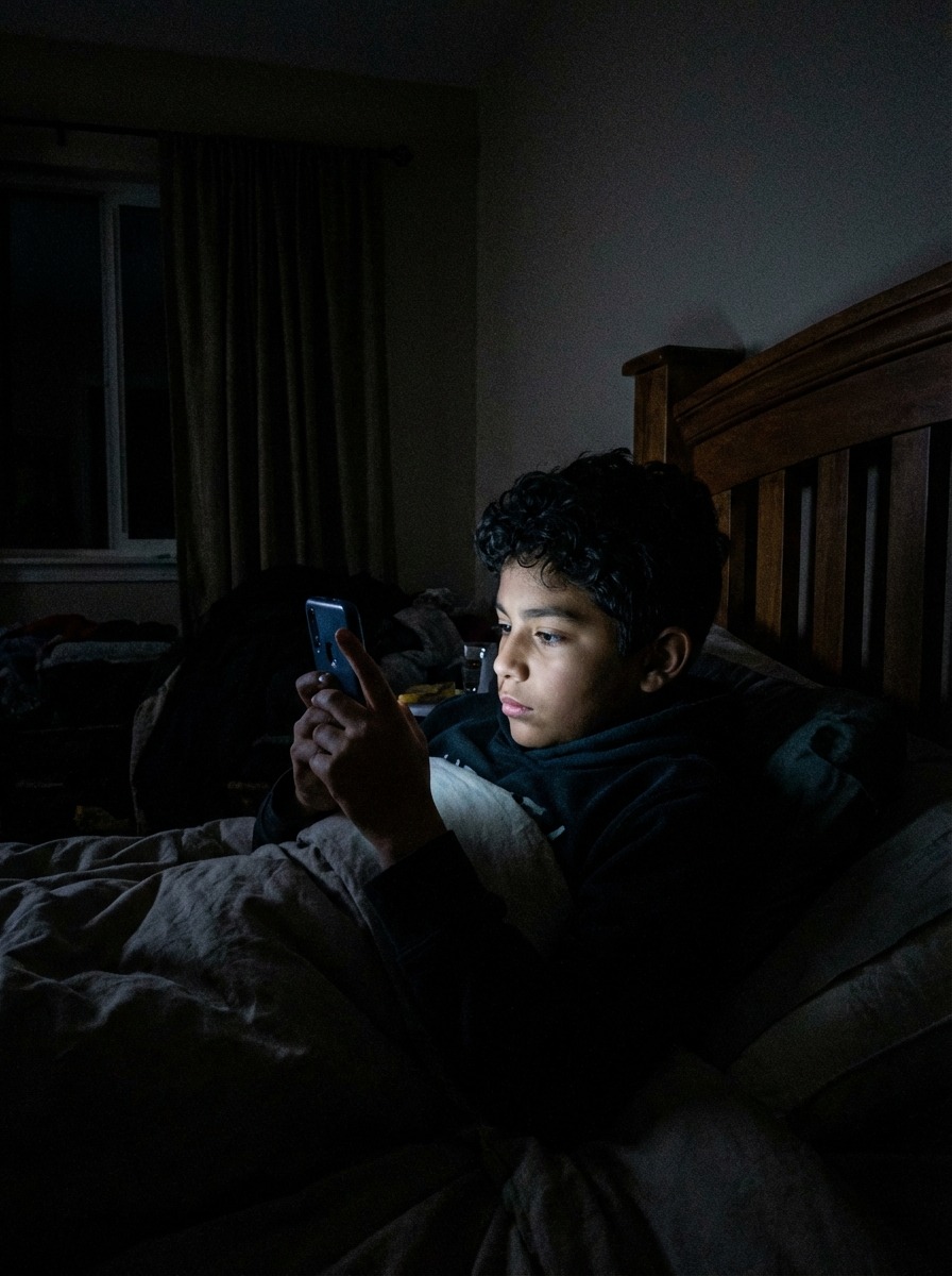 Niño latino mirando su teléfono móvil en una habitación oscura, iluminado por la pantalla