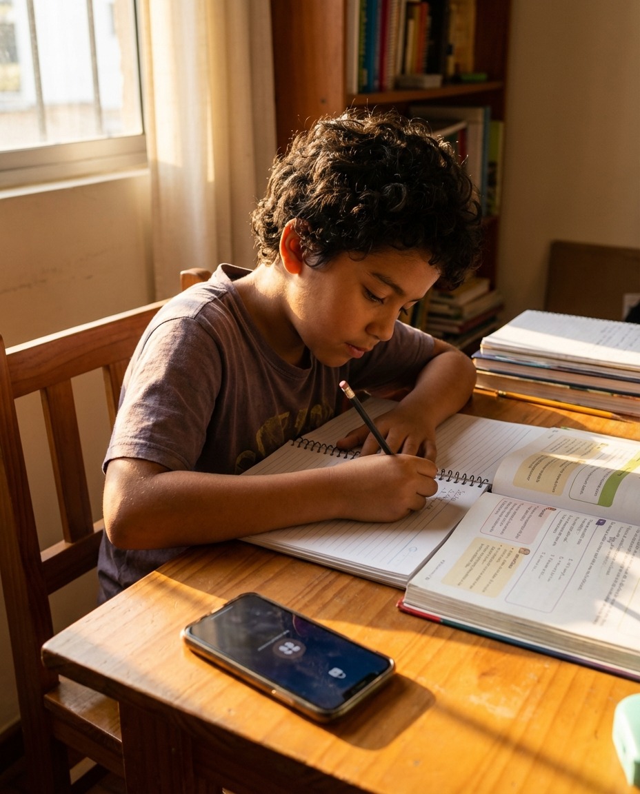 Niño estudiando en su escritorio con el teléfono móvil apagado a un lado