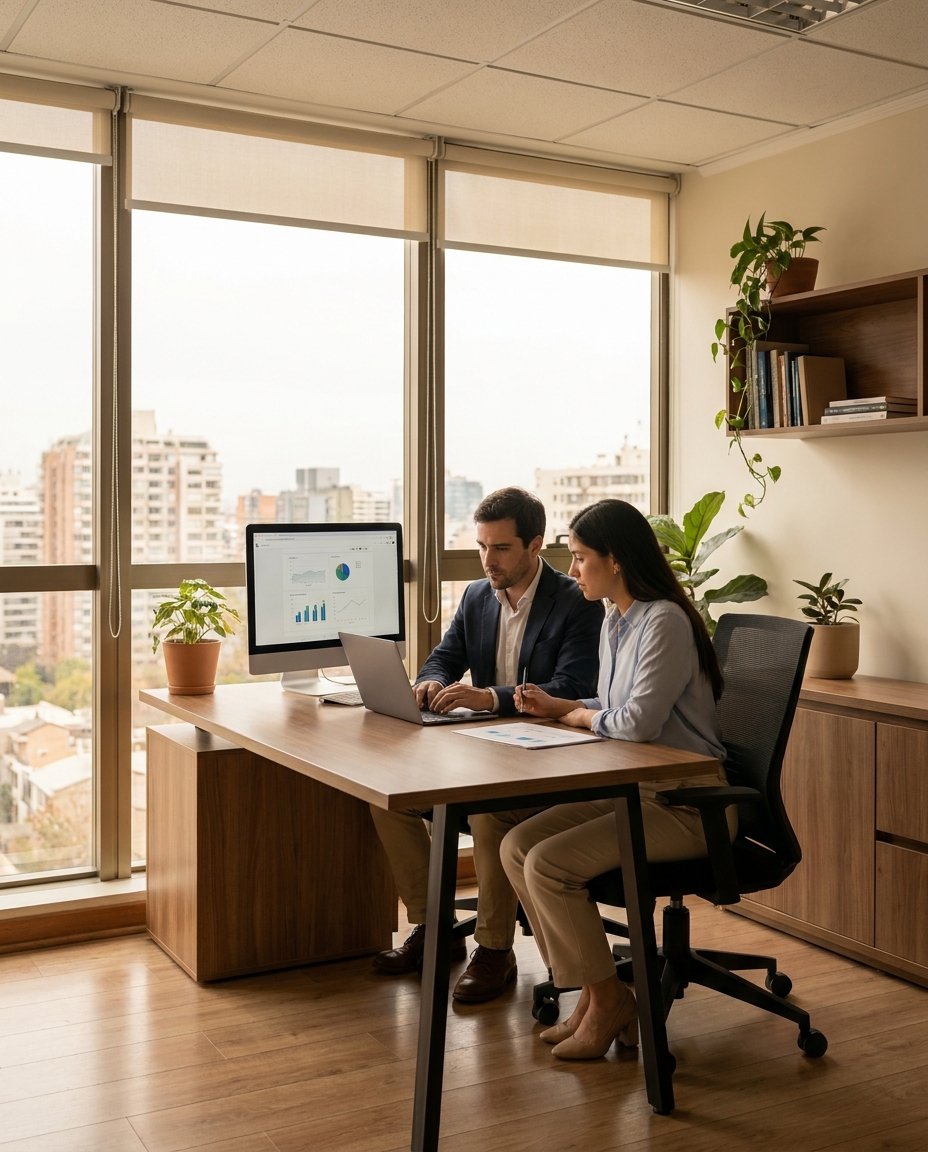 Dos profesionales revisando información en una oficina para administrar el uso de internet