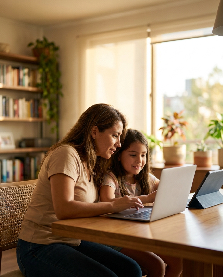 Madre e hija usando una laptop y una tablet en casa con supervisión digital