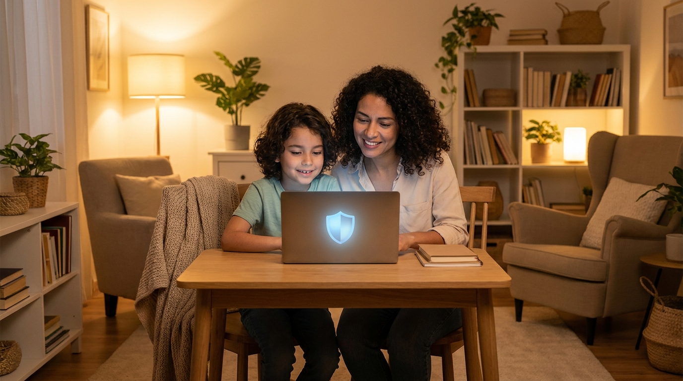 Madre e hijo usando una laptop juntos en casa con protección digital activa