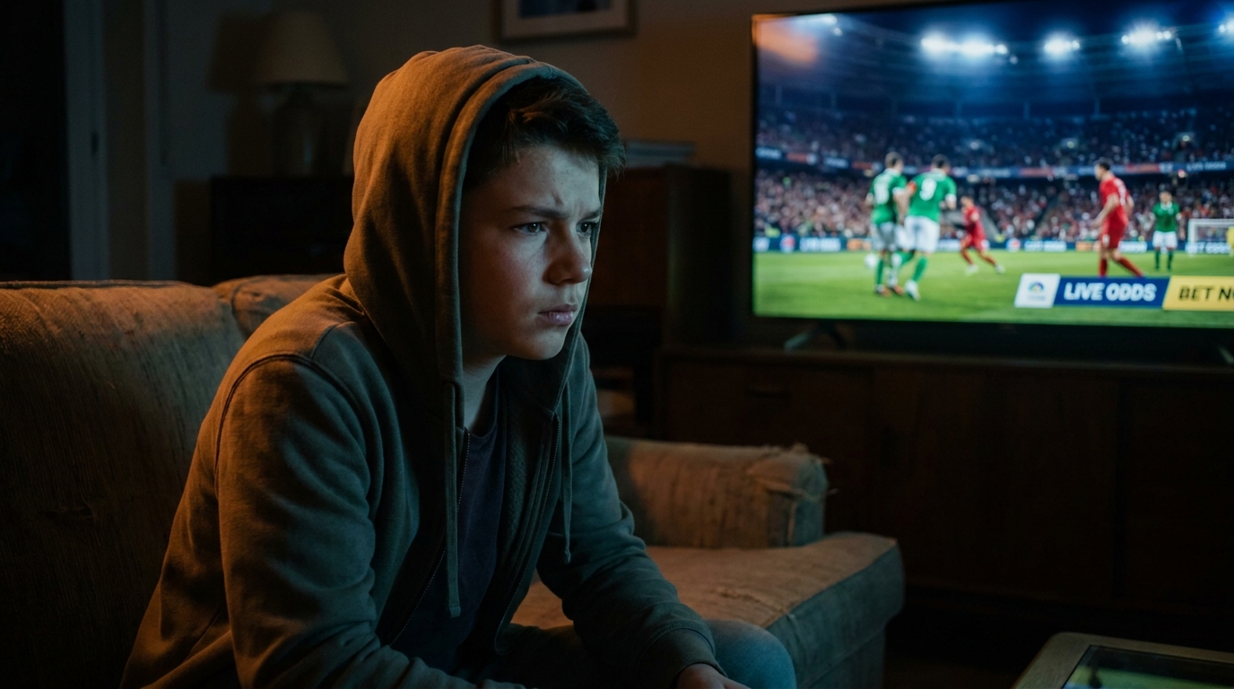 Adolescente viendo un partido de fútbol en televisión con publicidad de apuestas en pantalla.